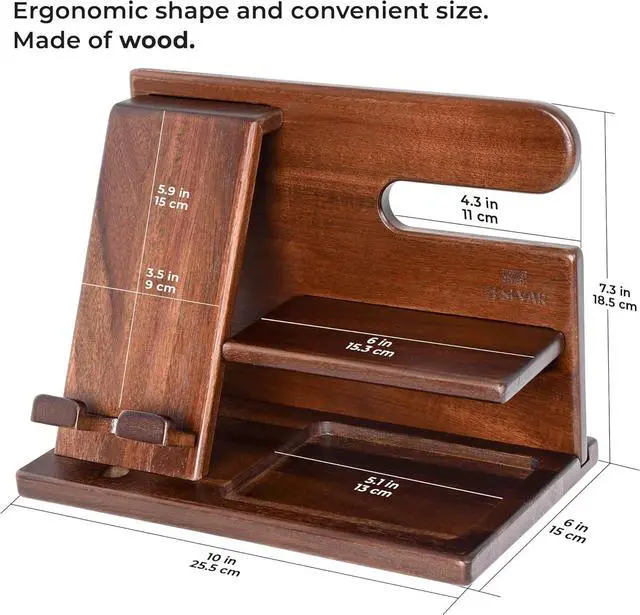 Alt view image 7 of 7 - TESLYAR Wood Phone Docking Station for Men - Desktop or Nightstand Organizer - Birthday Gifts for Men, Dad - Anniversary Idea from Wife - Key Holder, Stand Wallet, Watch & Essentials (Nut Brown)