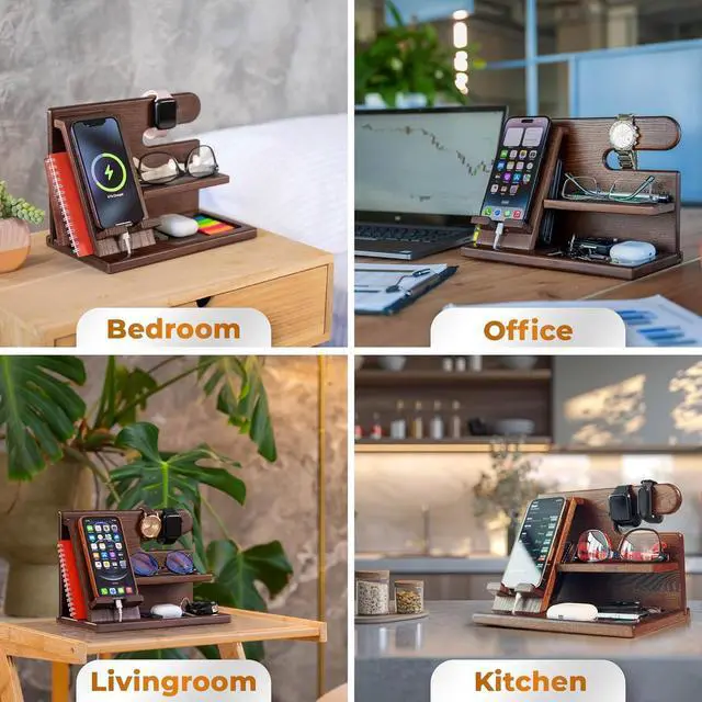 Alt view image 5 of 7 - TESLYAR Wood Phone Docking Station for Men - Desktop or Nightstand Organizer - Birthday Gifts for Men, Dad - Anniversary Idea from Wife - Key Holder, Stand Wallet, Watch & Essentials (Nut Brown)