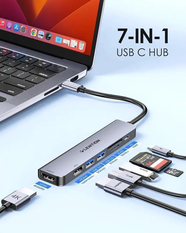 Alt view image 3 of 7 - LENTION USB C Hub, Dual HDMI 4K@60Hz for MacBook, 7-in-1 USB C Docking Station, PD 100W, 5Gbps Data Transfer, SD Card Reader, Dual Monitor Adapter for M1/M2/M3/M4 macOS Systems, Windows (CE45)