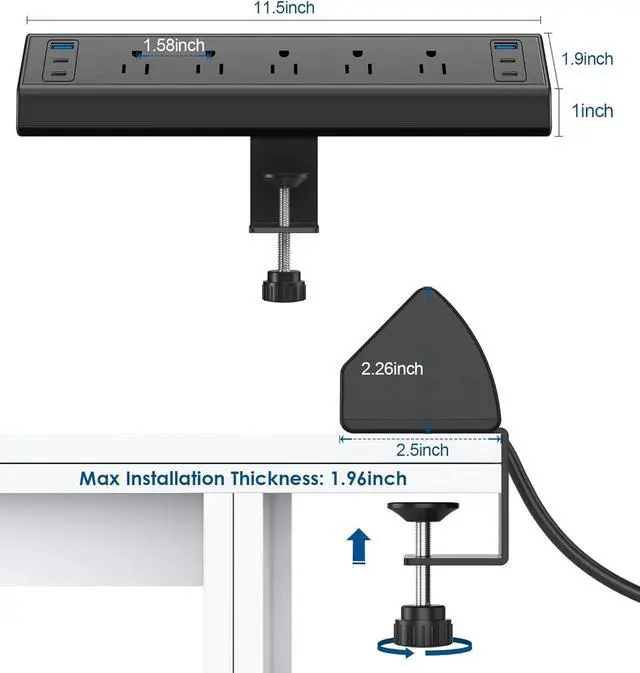 Alt view image 7 of 7 - Jgstkcity Desk Clamp Power Strip USB C,40W Total Fast Charging Station,4 PD 20W USB C Ports,Desk Edge Mount Surge Protector,5 Outlets,Fit 1.96" Tabletop Edge,ETL Listed