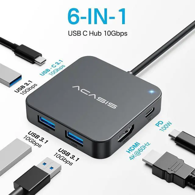 Alt view image 2 of 6 - USB C Hub 10Gbps, Multiport Adapter with 4K60 HDMI, 100 W Power Delivery, 3 USB A 3.1+1 USB-C 3.1 Data Port, USB C to HDMI Adapter for MacBook, Dell, Lenovo, Surface, iPad PRO, XPS(Grey)