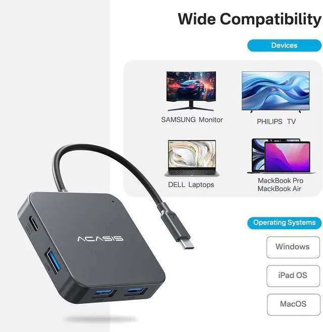 Alt view image 6 of 6 - USB C Hub 10Gbps, Multiport Adapter with 4K60 HDMI, 100 W Power Delivery, 3 USB A 3.1+1 USB-C 3.1 Data Port, USB C to HDMI Adapter for MacBook, Dell, Lenovo, Surface, iPad PRO, XPS(Grey)