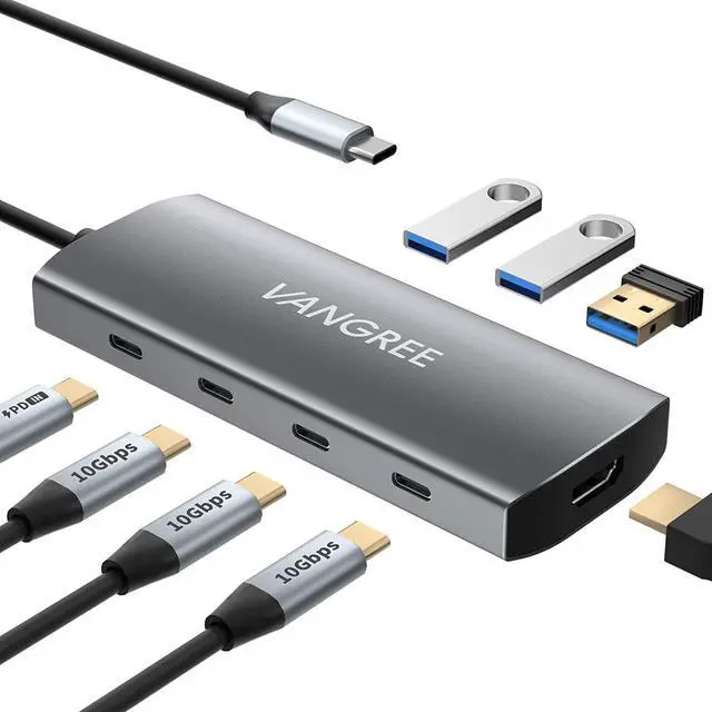 Main image of VANGREE USB C Hub, 3 USB 3.2 Gen 2 Ports with 10Gbps, 4K@60Hz HDMI, 100W Power Delivery, 3 USB-A 3.0 Ports, USB C Splitter Multiport Adapter Extender for MacBook Pro/Air, iPad Pro, Mac mini and More