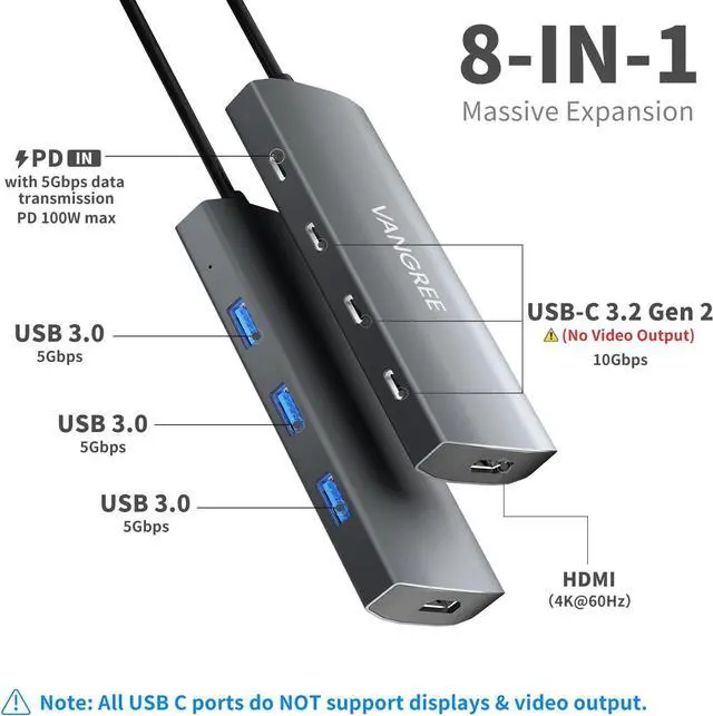 Alt view image 2 of 7 - VANGREE USB C Hub, 3 USB 3.2 Gen 2 Ports with 10Gbps, 4K@60Hz HDMI, 100W Power Delivery, 3 USB-A 3.0 Ports, USB C Splitter Multiport Adapter Extender for MacBook Pro/Air, iPad Pro, Mac mini and More