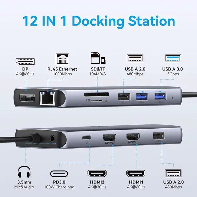 Alt view image 2 of 7 - USB C Docking Station 3 Monitors,USB C Hub with 2 HDMI, DisplayPort, 100W PD, 4 *USB, Gigabit Ethernet, SD/TF Card Reader, Audio Port,Multiport Adapter for Laptops,HP, , Lenovo, Surface