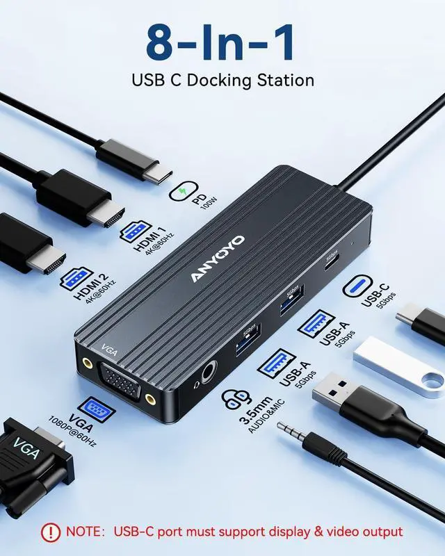Alt view image 2 of 7 - ANYOYO USB C Docking Station, 8 in 1 Docking Station Dual Monitor, Docking Station 3 Monitors with Dual HDMI and VGA, 5Gbps Data Transfers, Laptop Dock for MacBook Air/Pro,Dell XPS,HPBlack