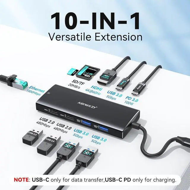 Alt view image 2 of 7 - ABIWAZY USB C Hub Multiport Adapter, 10 in 1 USBC to Ethernet Adapter with 4K HDMI, Ethernet Gigabit, 100W PD, USB-C Data Port and SD/TF Slot for MacBook Pro/Air, Dell XPS, iPad Pro, Galaxy (Black)