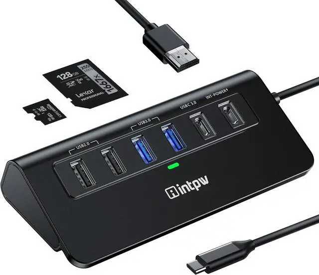 Main image of USB C Hub INTPW 9-in-1 USB C to HDMI Adapter with 4K HDMI PD 100W USB-C and 2 USB A 3.0 5Gbps 2 USB A 2.0 SD/TF Slots for MacBook Pro/Air iPad Pro iPhone 15/16 Series and Other Type C Devices