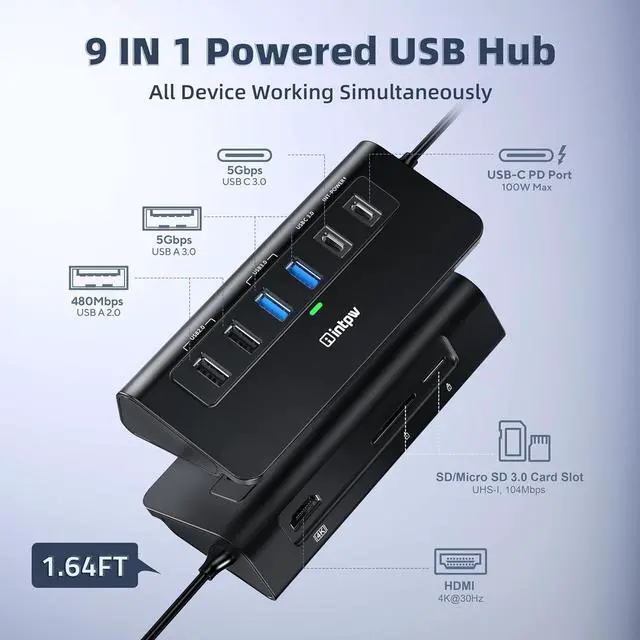 Alt view image 2 of 7 - USB C Hub INTPW 9-in-1 USB C to HDMI Adapter with 4K HDMI PD 100W USB-C and 2 USB A 3.0 5Gbps 2 USB A 2.0 SD/TF Slots for MacBook Pro/Air iPad Pro iPhone 15/16 Series and Other Type C Devices