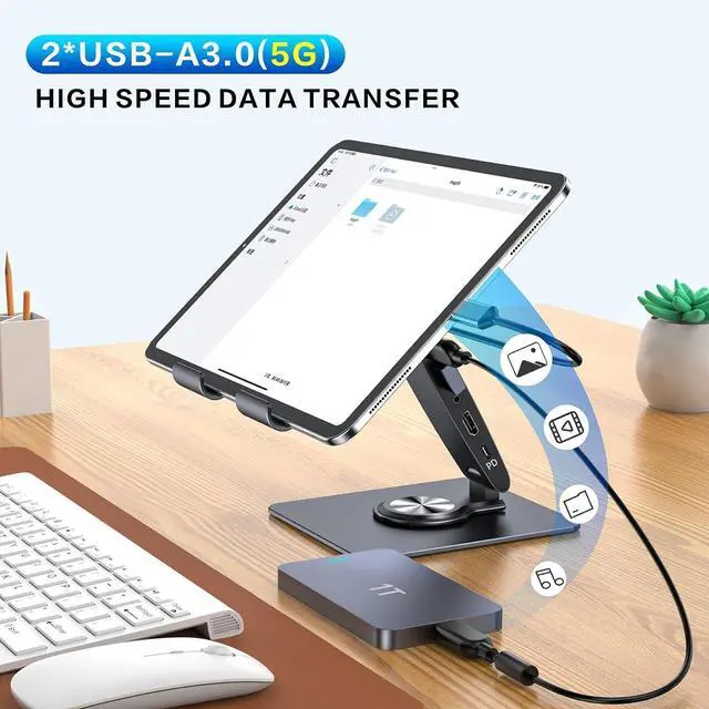 Alt view image 4 of 7 - HC Universal Docking Station for iPad Mini Air Pro Galaxy Tab iPhone Adjustable 7-in-1 USB Hub 360°Rotatable iPad Stand with USB C Hub 12.9 inch 4K HDMI USB 3.0 PD 100W 3.5mm Audio SD/TF Card Reader