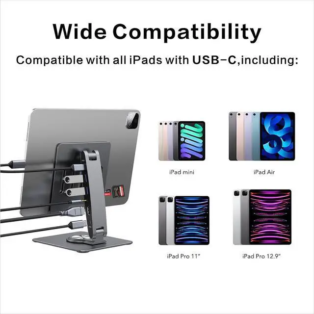 Alt view image 7 of 7 - HC Universal Docking Station for iPad Mini Air Pro Galaxy Tab iPhone Adjustable 7-in-1 USB Hub 360°Rotatable iPad Stand with USB C Hub 12.9 inch 4K HDMI USB 3.0 PD 100W 3.5mm Audio SD/TF Card Reader