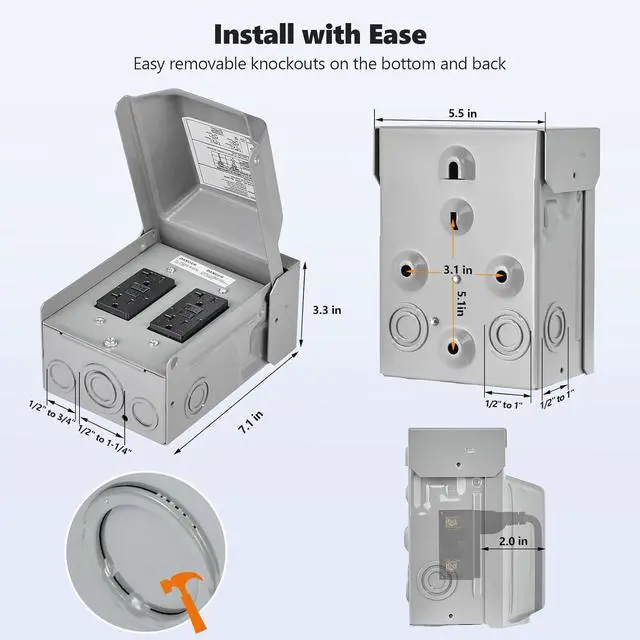 Alt view image 6 of 7 - SURAIELEC Outdoor Electrical Outlet Box, Dual 20 AMP WRTR GFCI Receptacles, Rainproof 3R Enclosure, Weatherproof All Metal Outlet Cover, Power Plug for Garden, Outdoor Lights, ETL Listed