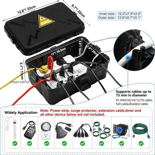 Alt view image 2 of 7 - Hrensaw Large Outdoor Electrical Box Waterproof(12.5x8.5x5inch),IP54 Waterproof Outdoor Outlet Covers,Weatherproof Extension Cord Covers Protect Outlet,Plug,Timer,Power Strip,Holiday Light,Black