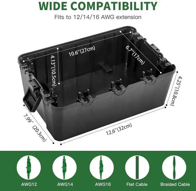 Alt view image 2 of 7 - TOTUFY Large Outdoor Electrical Box Waterproof (12.9 x 8.3 x 5.2 inch), IP54 Weatherproof Extension Cord Cover with 7 Cable Seal Entry, Protect Power Strip, Timer Outlet Plug, Holiday Light, Black