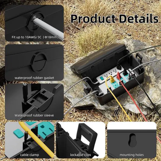 Alt view image 4 of 6 - Joinfworld Large Outdoor Electrical Box 13x8x5 Outdoor Extension Cord Cover Waterproof Weatherproof Connection Box Black Outside Power Cord Protector Enclosure for Cable Wire Power Strip Outlet Plug