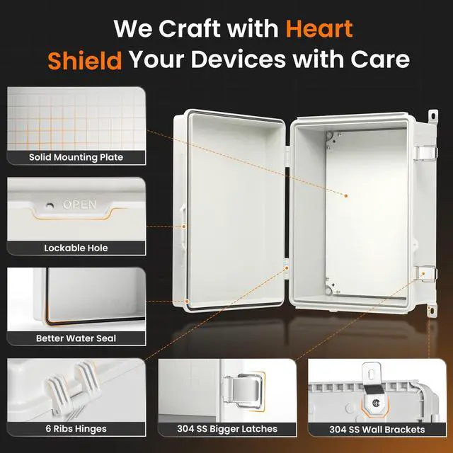 Alt view image 4 of 7 - QILIPSU UL94-V0 Outdoor Electrical Box 16.4"x12.4"x7.1" Waterproof Junction Box Weatherproof PC/ABS Alloy Plastic IP66 Project Electric Enclosure Grey Hinged Door