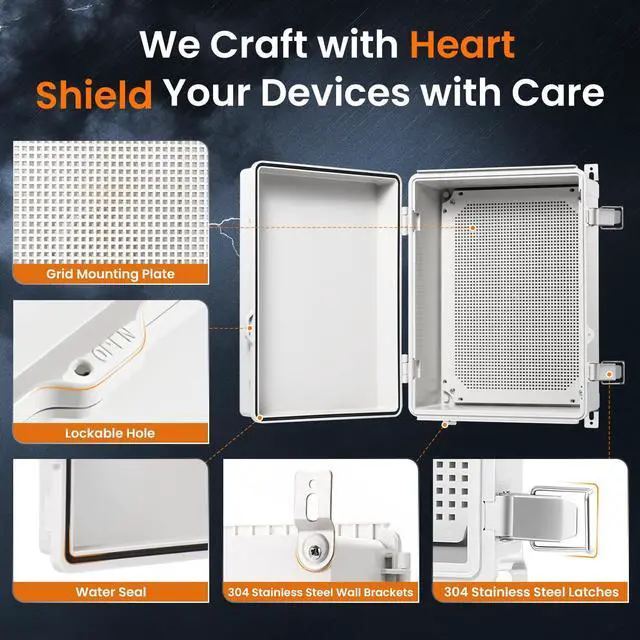 Alt view image 3 of 7 - QILIPSU Waterproof Junction Box IP67 Outdoor Plastic Electrical Project Enclosure Weatherproof with Mounting Plate, Wall Brackets, Hinged Grey Cover 16.1"x12.2"x7.1"