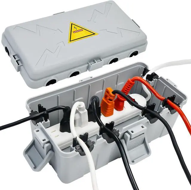 Main image of Hrensaw Medium Outdoor Electrical Box(10.6x5.5x4.5inch),Weatherproof Connection Box w/6 Cable Entry,IP54 Waterproof Extension Cord Cover Protect Power Strip,Timer,Plug,Holiday Lights,Grey