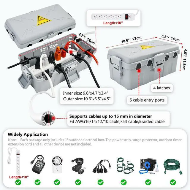 Alt view image 2 of 7 - Hrensaw Medium Outdoor Electrical Box(10.6x5.5x4.5inch),Weatherproof Connection Box w/6 Cable Entry,IP54 Waterproof Extension Cord Cover Protect Power Strip,Timer,Plug,Holiday Lights,Grey