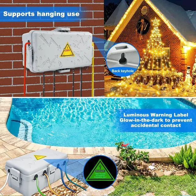 Alt view image 4 of 7 - Hrensaw Medium Outdoor Electrical Box(10.6x5.5x4.5inch),Weatherproof Connection Box w/6 Cable Entry,IP54 Waterproof Extension Cord Cover Protect Power Strip,Timer,Plug,Holiday Lights,Grey