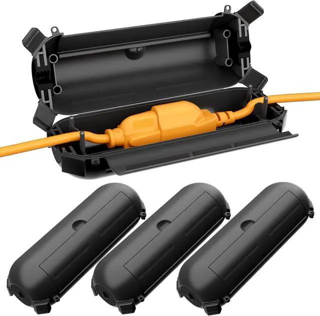 Main image of Restmo 4 Pack Mini IP44 Waterproof Outdoor Connection Box with Lockable Latches and Mounting Holes, Weatherproof Extension Cord Safety Cover for Outdoor Plugs, Lights, Cables, Wires, Size Small, Black