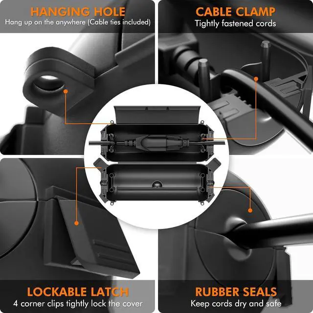 Alt view image 2 of 7 - Restmo 4 Pack Mini IP44 Waterproof Outdoor Connection Box with Lockable Latches and Mounting Holes, Weatherproof Extension Cord Safety Cover for Outdoor Plugs, Lights, Cables, Wires, Size Small, Black