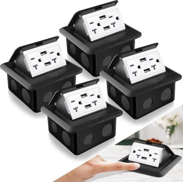 Main image of Hoolerry 4 Pack Pop up Floor Electrical Outlet Cover Box Kit with 4.8A USB Charger 20Amp Waterproof Weatherproof Floor Tamper Resistant Outlet Receptacle for Countertop Home (Black)