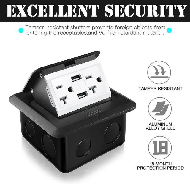 Alt view image 4 of 7 - Hoolerry 4 Pack Pop up Floor Electrical Outlet Cover Box Kit with 4.8A USB Charger 20Amp Waterproof Weatherproof Floor Tamper Resistant Outlet Receptacle for Countertop Home (Black)