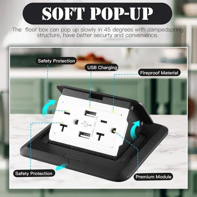 Alt view image 3 of 7 - Hoolerry 4 Pack Pop up Floor Electrical Outlet Cover Box Kit with 4.8A USB Charger 20Amp Waterproof Weatherproof Floor Tamper Resistant Outlet Receptacle for Countertop Home (Black)