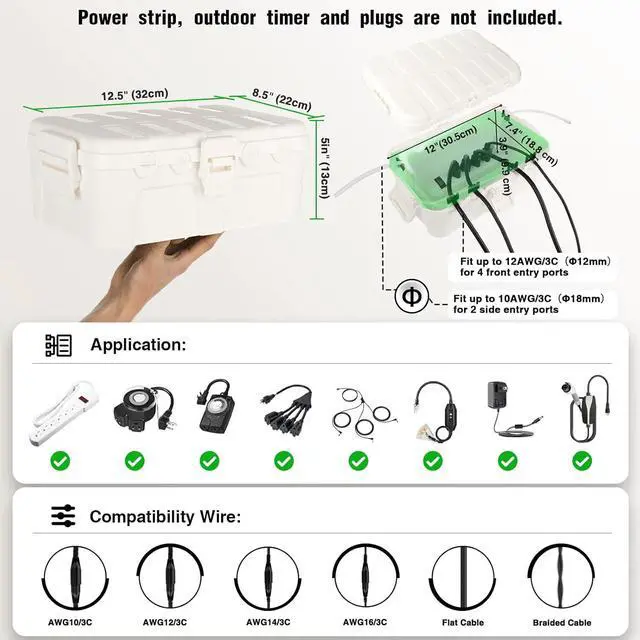 Alt view image 2 of 7 - Flemoon Large Outdoor Electrical Box (12.5 x 8.5 x 5 inch), IP54 Waterproof Outdoor Extension Cord Cover Weatherproof, Protect Outlet, Plug, Socket, Timer, Power Strip, Holiday Light Decoration, White