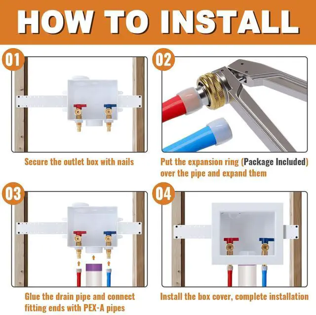 Alt view image 4 of 7 - SUNGATOR Pex A Washer Box, 1/2 Inch Pex A Expansion Inlet x 3/4 Inch MHT Outlet, Washing Machine Laundry Outlet Box with Brass Valves Installed and 4 Expansion Rings