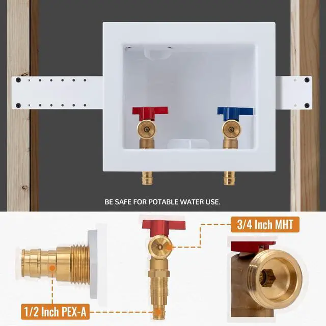 Alt view image 5 of 7 - SUNGATOR Pex A Washer Box, 1/2 Inch Pex A Expansion Inlet x 3/4 Inch MHT Outlet, Washing Machine Laundry Outlet Box with Brass Valves Installed and 4 Expansion Rings