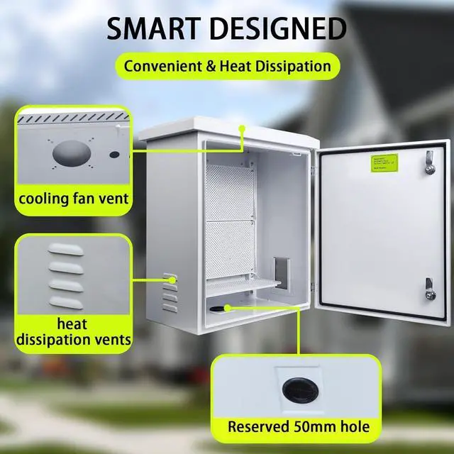 Alt view image 4 of 7 - Metal Nema Enclosure with Rain Hood Weatherproof Junction Electric Breaker Box with Fan-Vent Design Electrical Cabinet with Mounting Track Hole in Back 20X24X12
