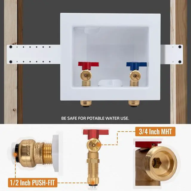 Alt view image 3 of 7 - SUNGATOR Push-Fit Laundry Washer Valve Box, Washing Machine Outlet Box with Center Drain, 1/2 Inch Push-Fit Inlet x 3/4 Inch MHT Outlet, with 2 Disconnect Clips