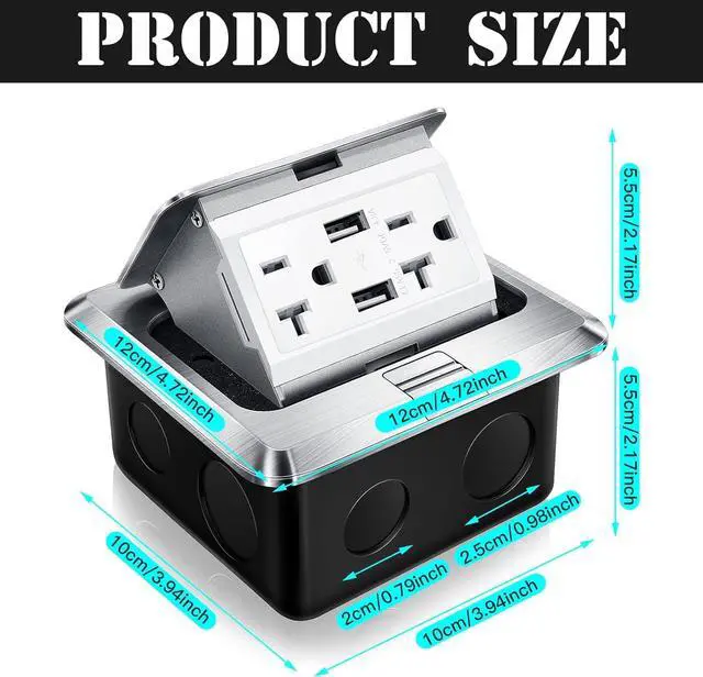 Alt view image 3 of 7 - Hoolerry 2 Pack Pop up Floor Electrical Outlet Cover Box Kit with 4.8A USB Charger 20Amp Waterproof Weatherproof Floor Tamper Resistant Outlet Receptacle for Countertop Home (Silver)