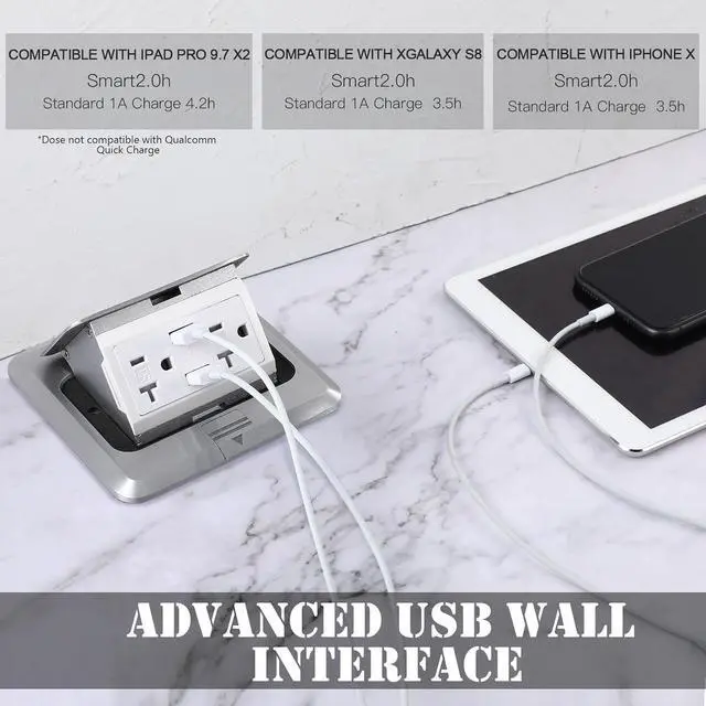 Alt view image 6 of 7 - Hoolerry 2 Pack Pop up Floor Electrical Outlet Cover Box Kit with 4.8A USB Charger 20Amp Waterproof Weatherproof Floor Tamper Resistant Outlet Receptacle for Countertop Home (Silver)