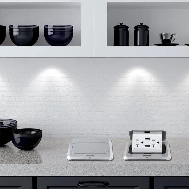 Alt view image 2 of 7 - Hoolerry 2 Pack Pop up Floor Electrical Outlet Cover Box Kit with 4.8A USB Charger 20Amp Waterproof Weatherproof Floor Tamper Resistant Outlet Receptacle for Countertop Home (Silver)