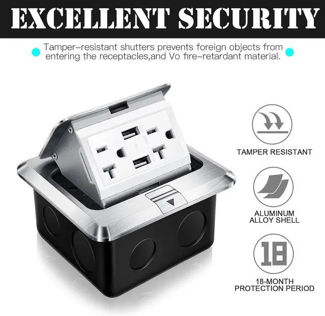 Alt view image 5 of 7 - Hoolerry 2 Pack Pop up Floor Electrical Outlet Cover Box Kit with 4.8A USB Charger 20Amp Waterproof Weatherproof Floor Tamper Resistant Outlet Receptacle for Countertop Home (Silver)