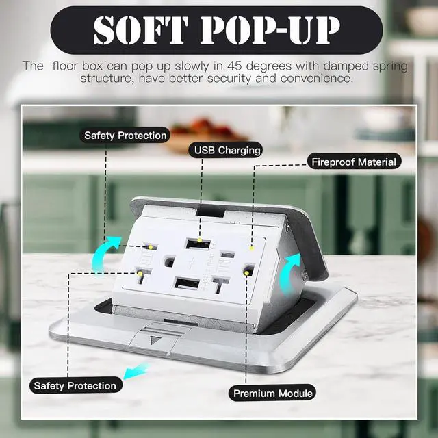Alt view image 7 of 7 - Hoolerry 2 Pack Pop up Floor Electrical Outlet Cover Box Kit with 4.8A USB Charger 20Amp Waterproof Weatherproof Floor Tamper Resistant Outlet Receptacle for Countertop Home (Silver)