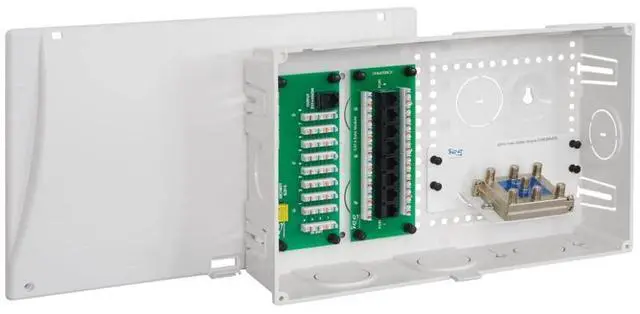 Main image of ICC 9 Plastic Structured Wiring Enclosure with Cover, Media Enclosure with CAT6 8-Port PoE++, 1x8 Bridged Telephone RJ31X, & 1x6 Video, Cable Management Box, UL Listed TAA Compliant, ICRESDC9PK
