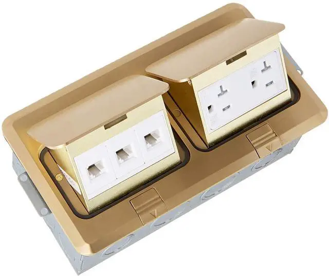 Main image of ENERLITES Dual Pop-Up Floor Box Kit, 8.68" X 4.81" Cover, 20A Tamper-Weather Resistant Receptacle Outlets, RJ45 Data Ports, Watertight Gasket, Corrosive Resistant Hardware, 662301-C-D, Brass