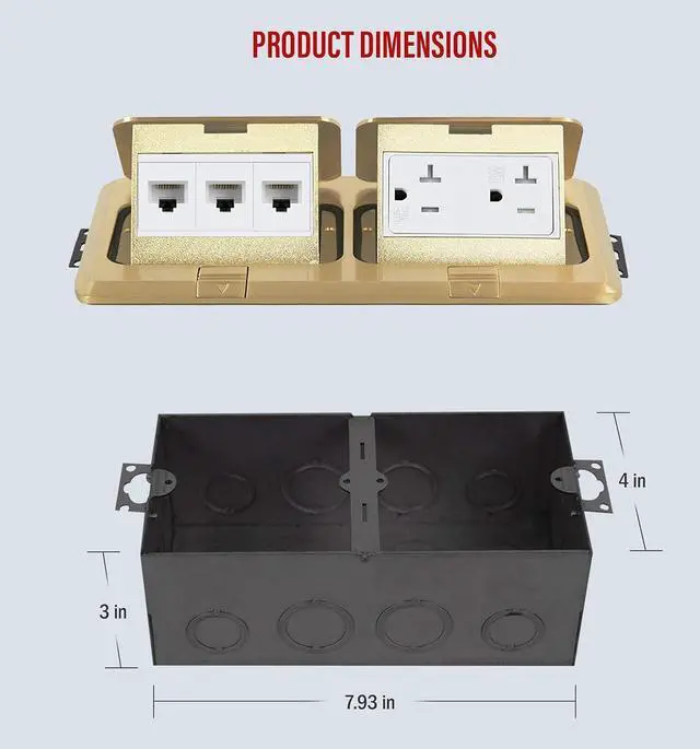 Alt view image 2 of 7 - ENERLITES Dual Pop-Up Floor Box Kit, 8.68" X 4.81" Cover, 20A Tamper-Weather Resistant Receptacle Outlets, RJ45 Data Ports, Watertight Gasket, Corrosive Resistant Hardware, 662301-C-D, Brass
