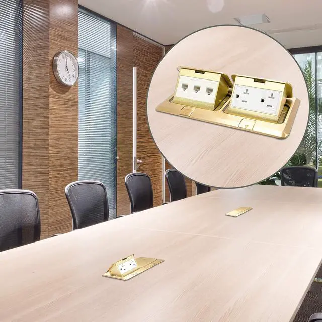 Alt view image 6 of 7 - ENERLITES Dual Pop-Up Floor Box Kit, 8.68" X 4.81" Cover, 20A Tamper-Weather Resistant Receptacle Outlets, RJ45 Data Ports, Watertight Gasket, Corrosive Resistant Hardware, 662301-C-D, Brass