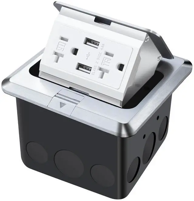 Main image of Pop Up Floor Outlet with Stainless Steel Cover 20amp TR Outlet and USB Chargers Receptacle Box