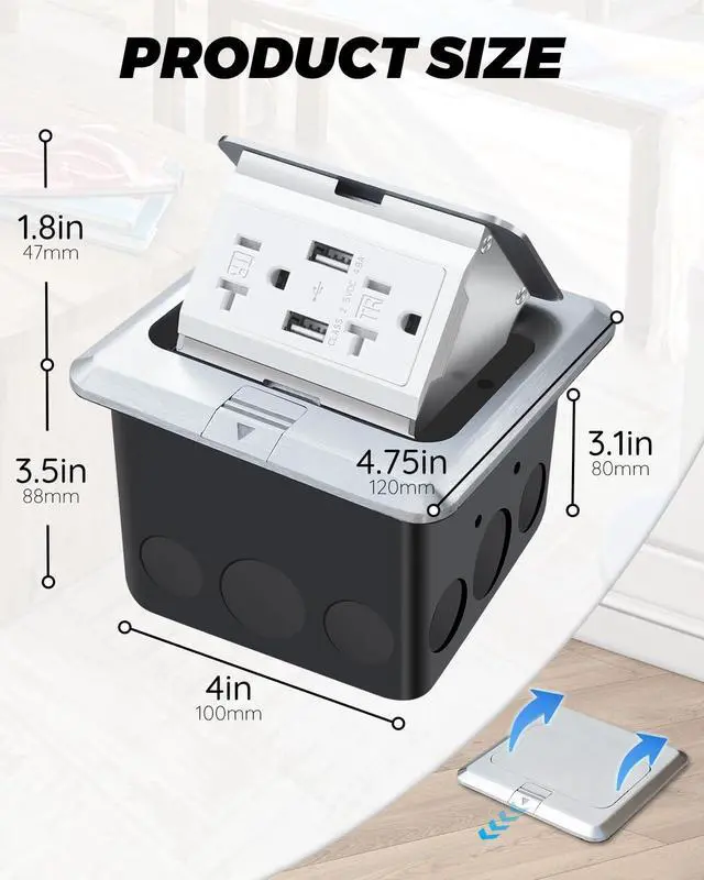 Alt view image 6 of 7 - Pop Up Floor Outlet with Stainless Steel Cover 20amp TR Outlet and USB Chargers Receptacle Box