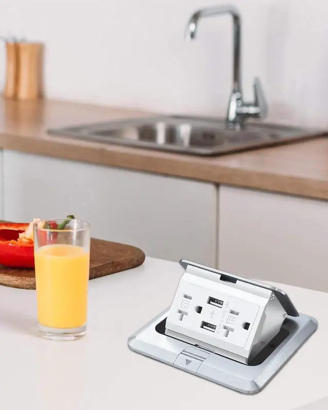 Alt view image 7 of 7 - Pop Up Floor Outlet with Stainless Steel Cover 20amp TR Outlet and USB Chargers Receptacle Box