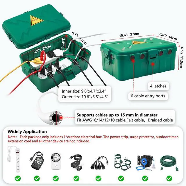 Alt view image 2 of 7 - Hrensaw Large Outdoor Electrical Box(12.5x8.5x5inch),IP54 Waterproof Outdoor Outlet Covers,Weatherproof Extension Cord Covers Protect Outlet,Plug,Timer,Power Strip,Holiday Light,Green