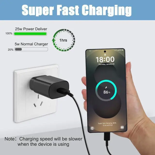 Alt view image 4 of 6 - S25 S24 S23 S22  Fast Charger USB Type C Charger 25W Android Phone Charger Fast Charging Block & 10ft USB C Chargers Cable Cord for  Galaxy S25/S24/S23/S22/S21/S20/Plus/Ultra/FE Black