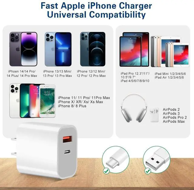 Alt view image 3 of 7 - Fast Charger iPhone,Dual Port A/C iPhone Charger Fast Charging Adapter,2Pack Quick Double iPhone Wall Charger Block,Apple Charger Block 10FT USBC to Lightning Cable for iPhone 14/13/12/11/ProMax/XS/XR