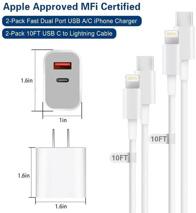 Alt view image 7 of 7 - Fast Charger iPhone,Dual Port A/C iPhone Charger Fast Charging Adapter,2Pack Quick Double iPhone Wall Charger Block,Apple Charger Block 10FT USBC to Lightning Cable for iPhone 14/13/12/11/ProMax/XS/XR